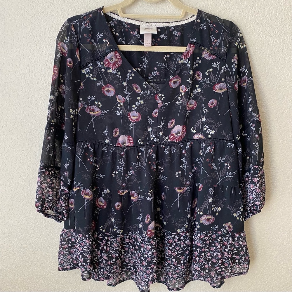 Knox Rose Womens Floral Sheer Blouse Top Size Small